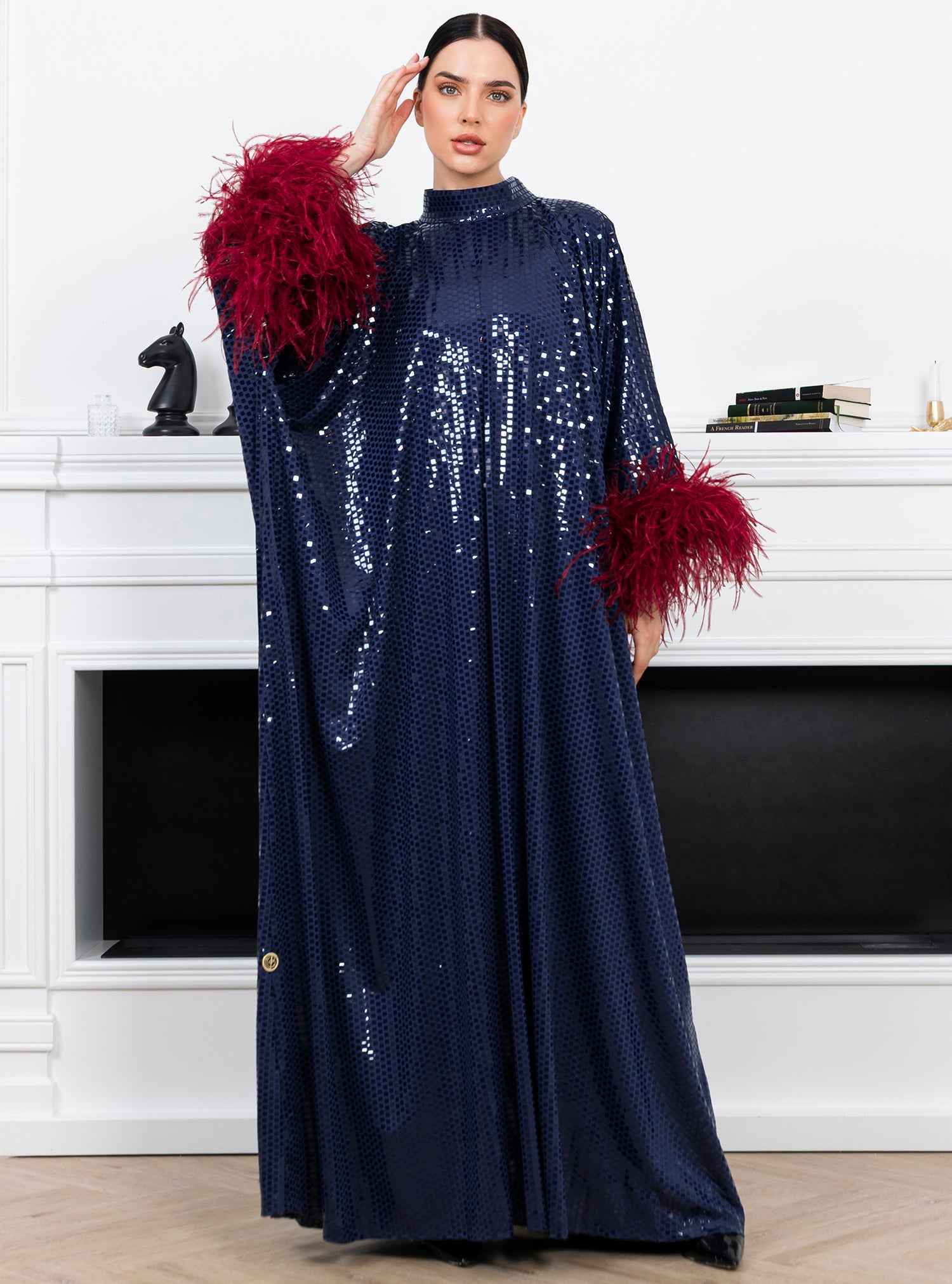 Berry-KTN036 – Navy Sequin Kaftan with Luxe Feather Detailing – BAZZAZ COUTURE