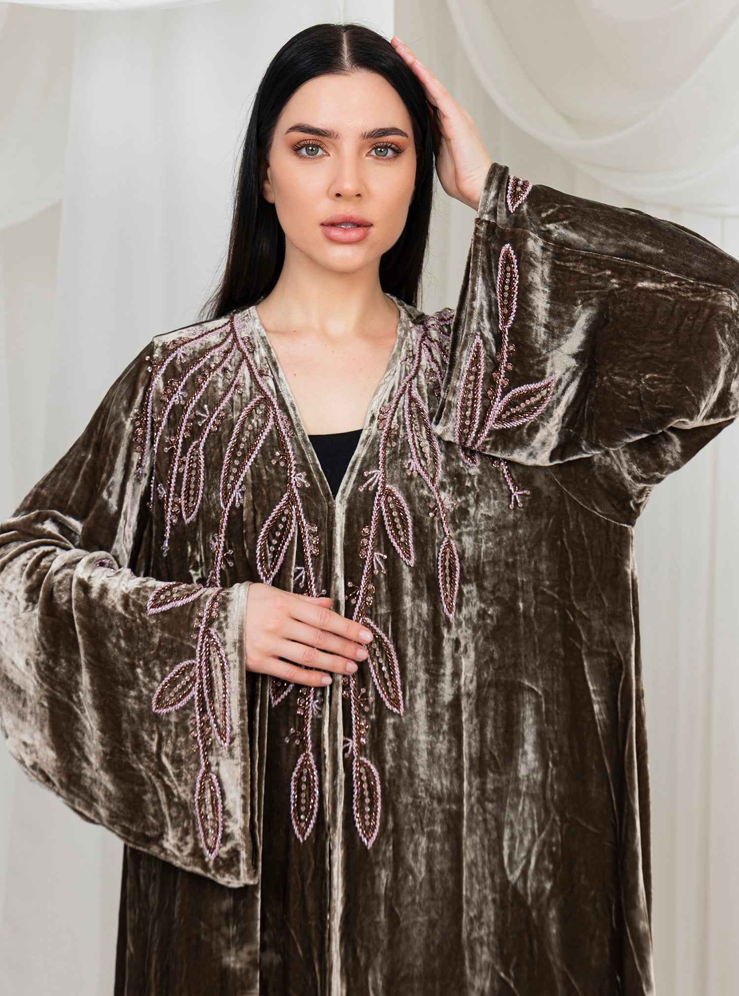 Opal-ABY040 – Hand-Embroidered Velvet Abaya with Exquisite Beadwork Accents