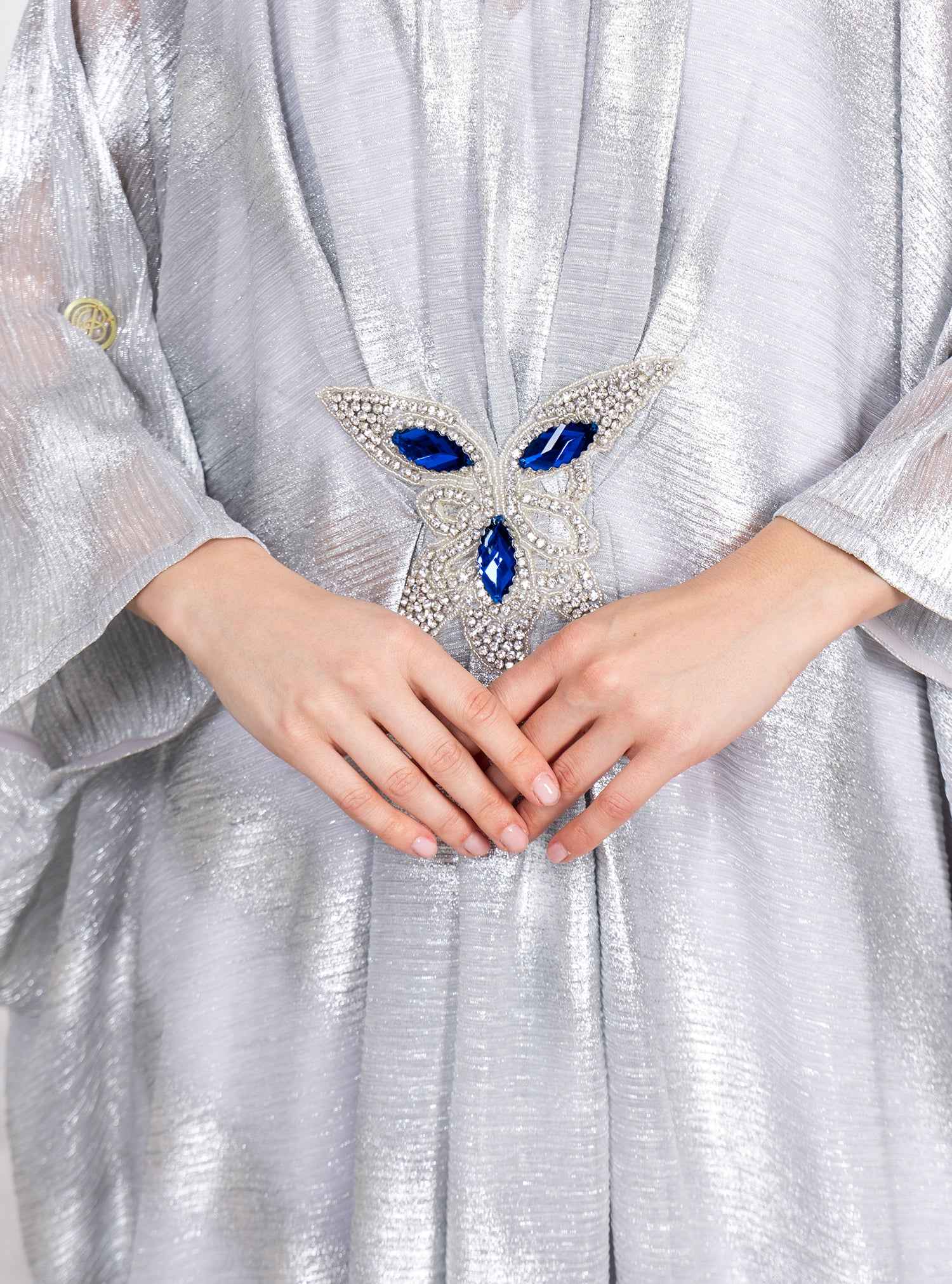 Metal-KTN045 – Silver Mesh Kaftan with Crystal-Embellished Waist Detail