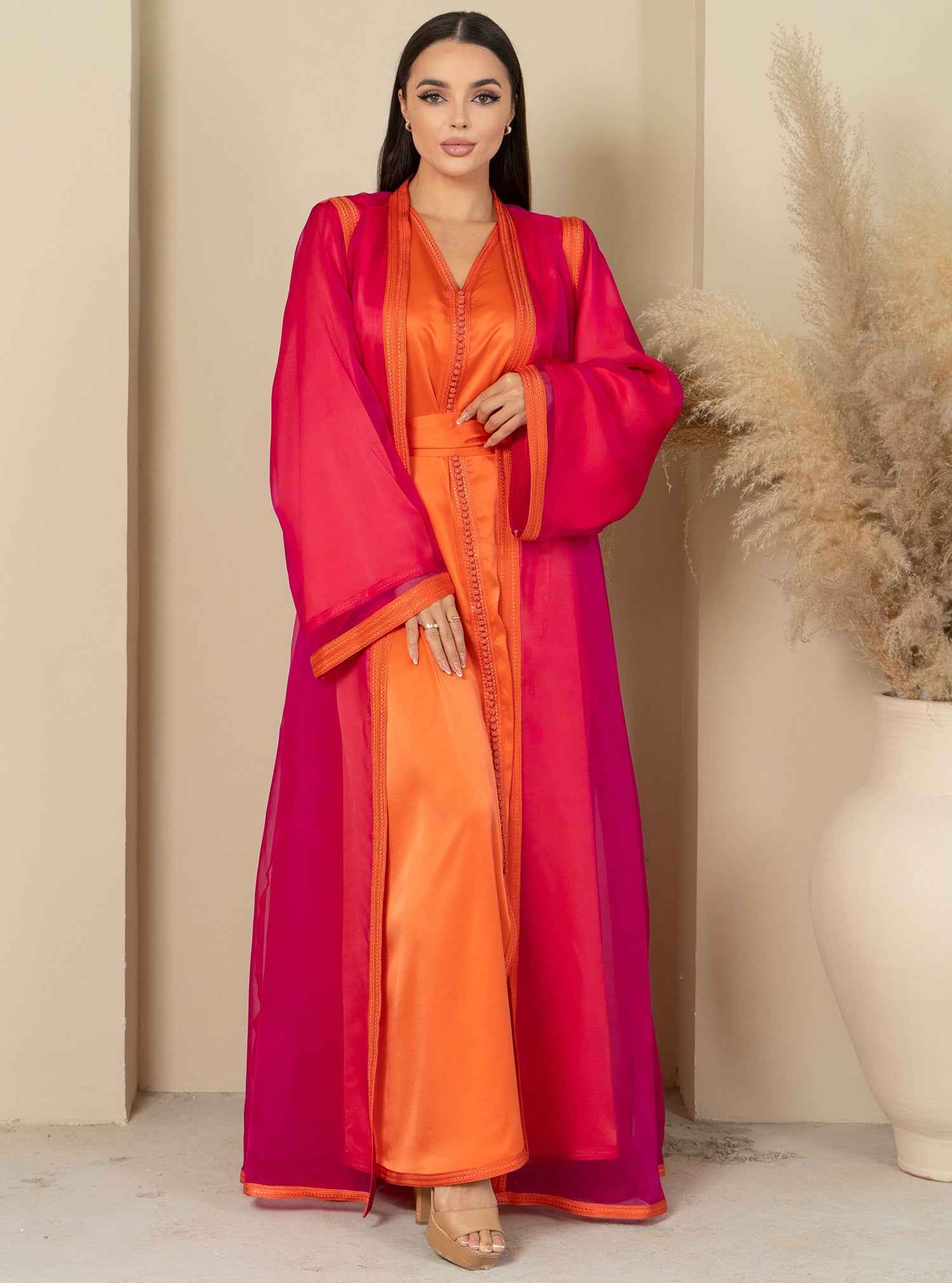 Flamat-KTN031 – Radiant Silk Moroccan Kaftan in Orange & Pink Fusion