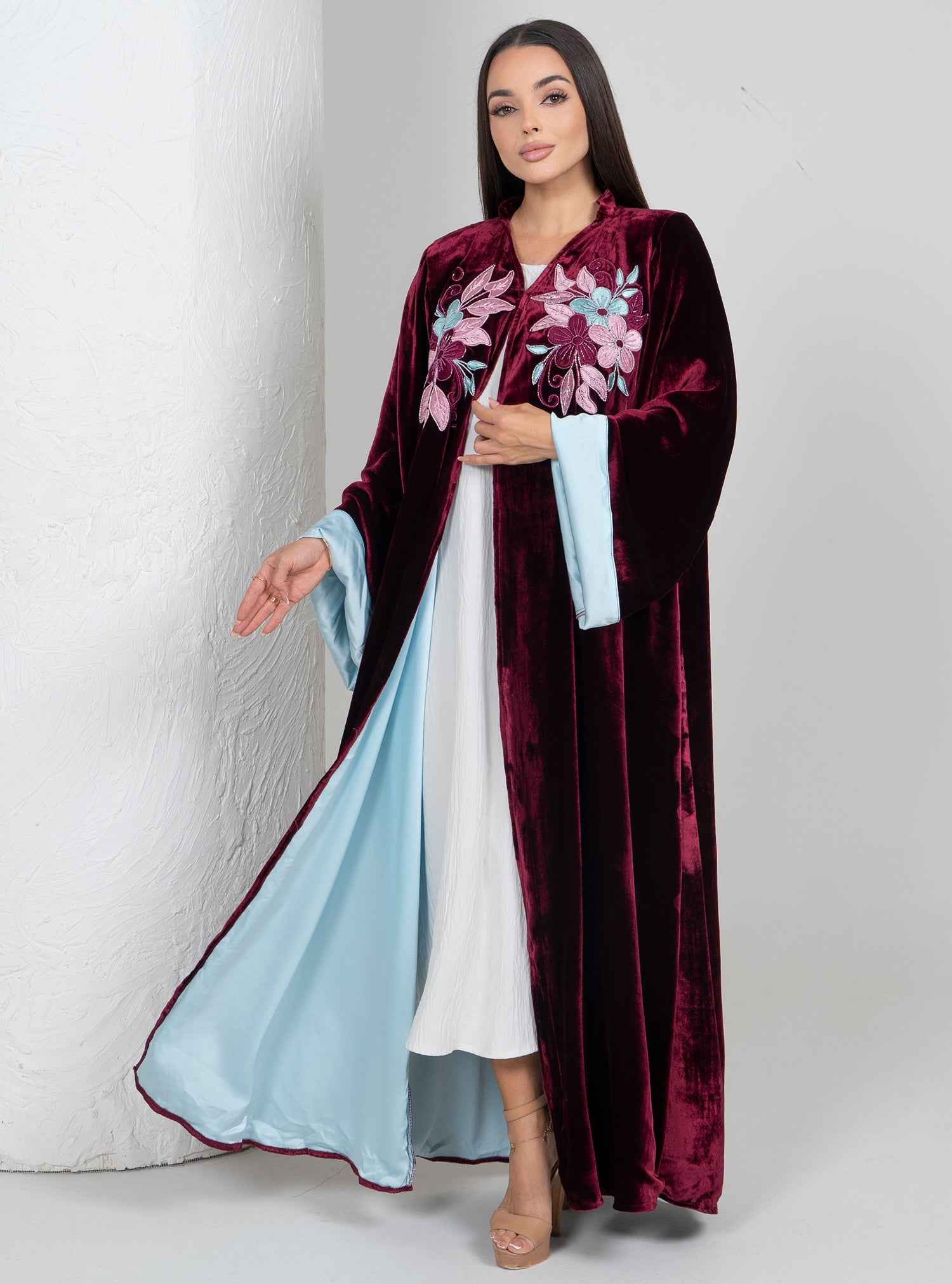 Garnet-ABY035 – Maroon Velvet Abaya with Sky-Blue Satin Lining & Floral Hand Embroidery