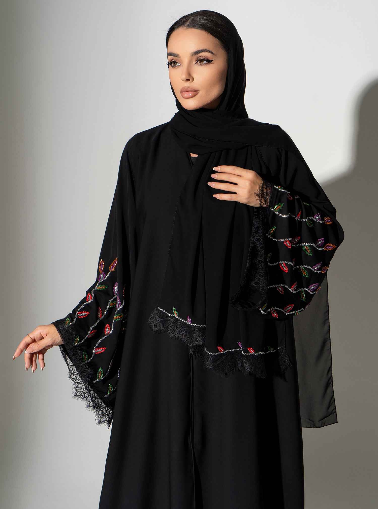 Sapphire-ABY025 – Black Japanese Crepe Abaya with Multicolor Handwork & Matching Headscarf