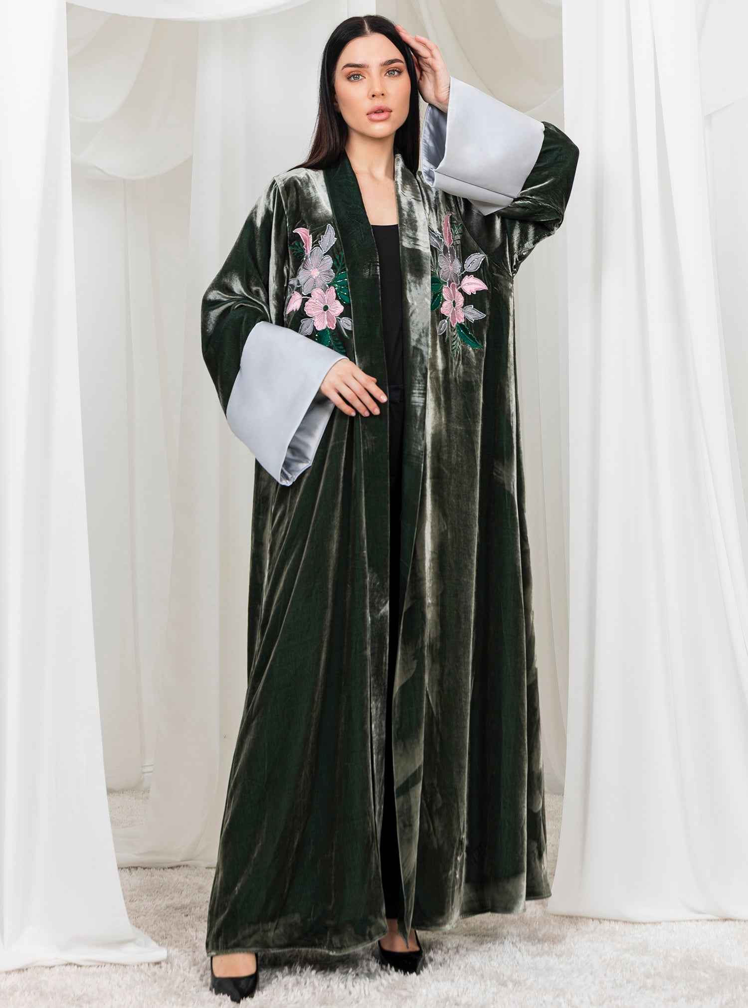 Peony-ABY029 – Olive Japanese Velvet Abaya with Intricate Peony Embroidery