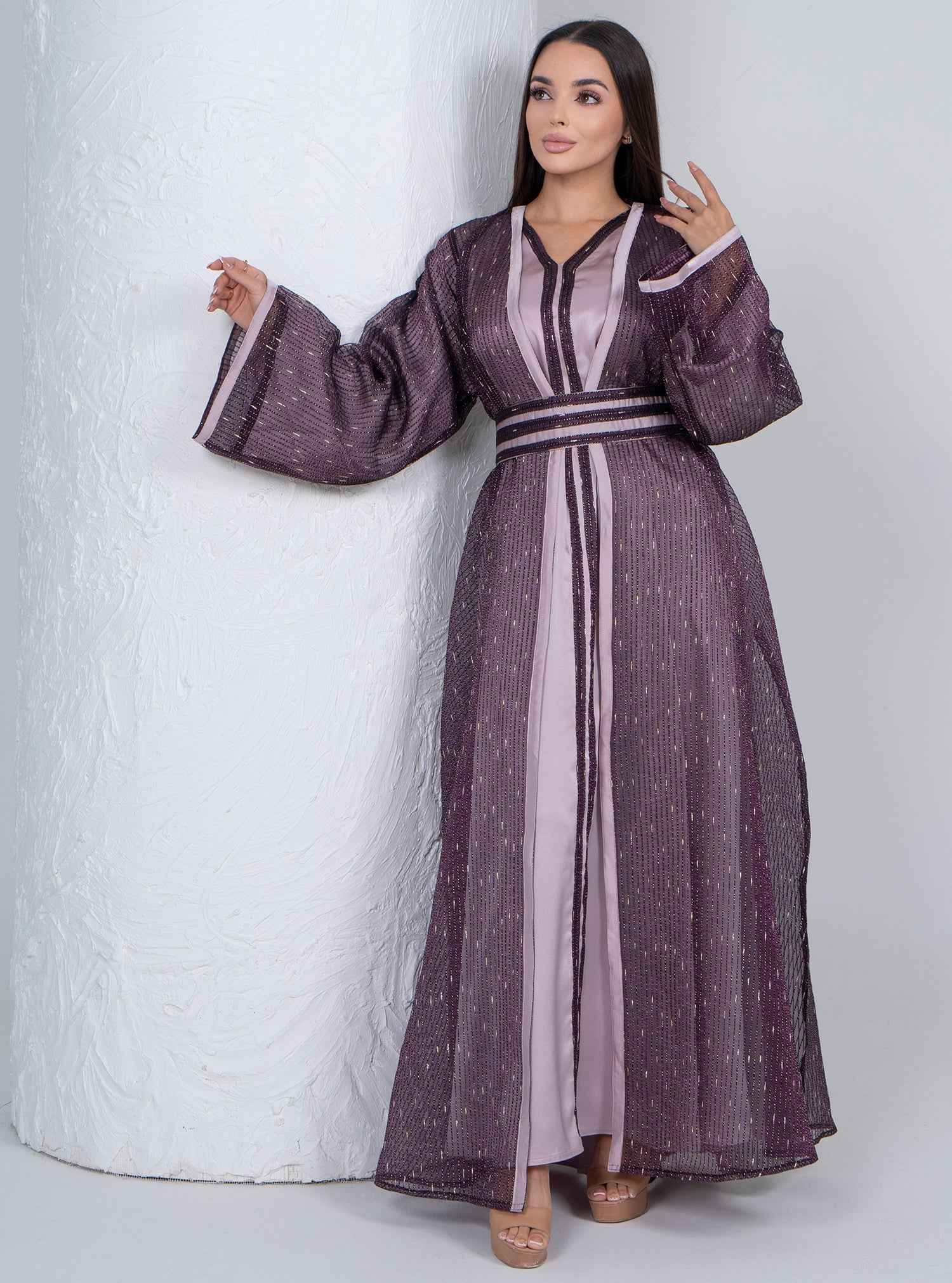 Plum KTN023 – Purple Silk Organza Moroccan Kaftan With Regal Satin Highlights