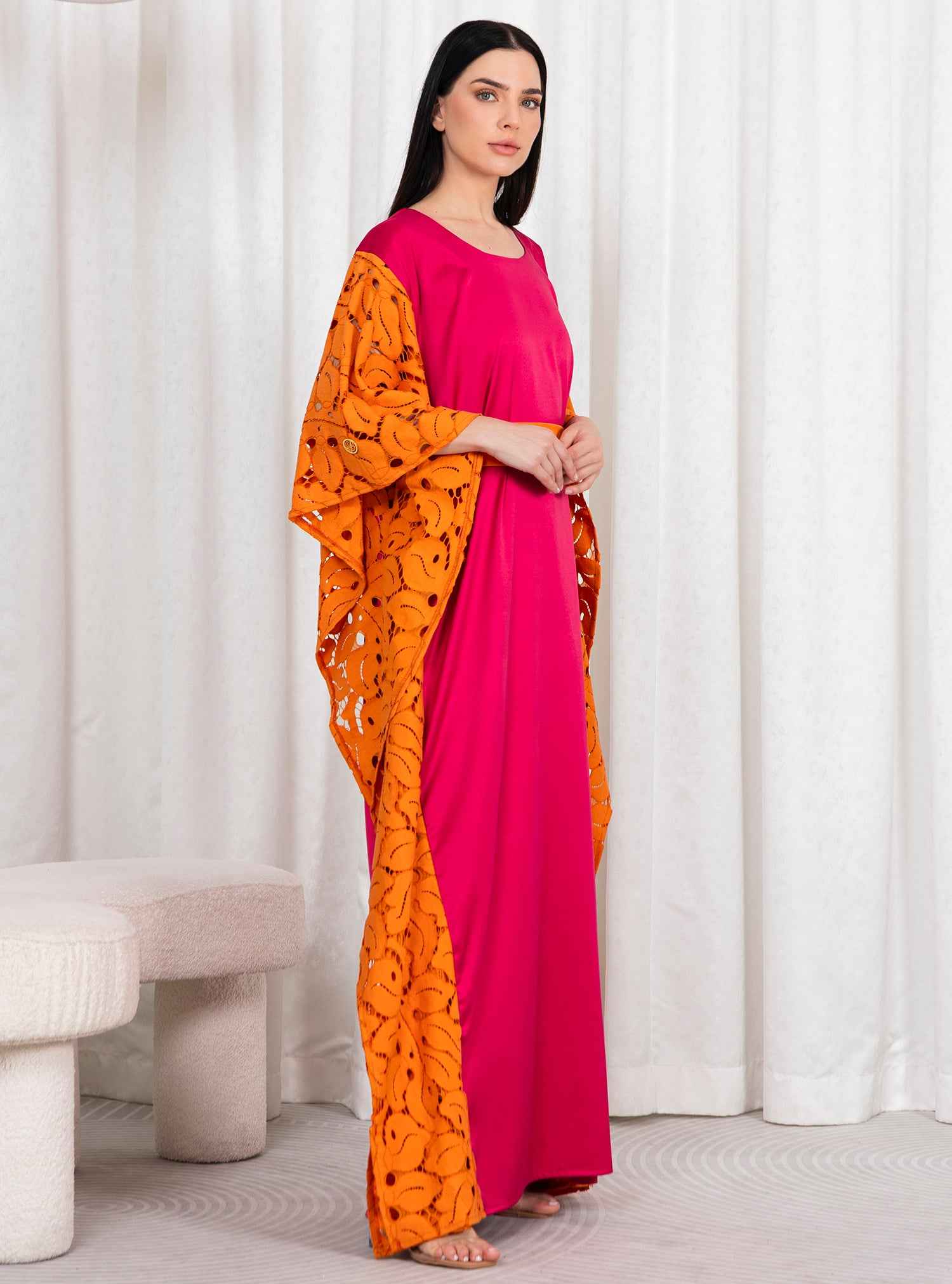 Mango-KTN034 – Vibrant Pink & Mango Silk Kaftan with Artistic Sleeves & Statement Belt