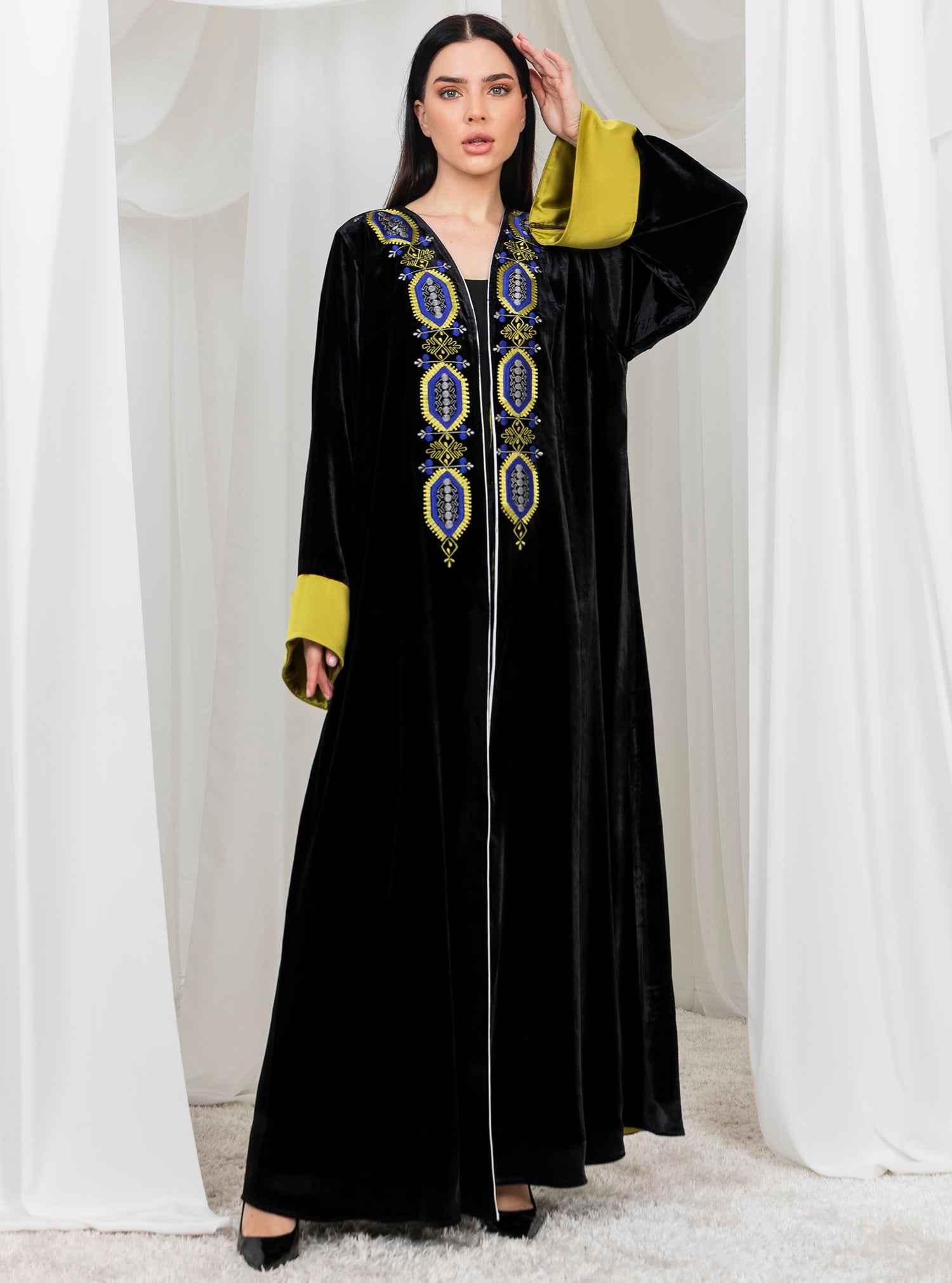 Canary-ABY030 – Velvet Abaya with Satin Sleeves & Handcrafted Embellished Details