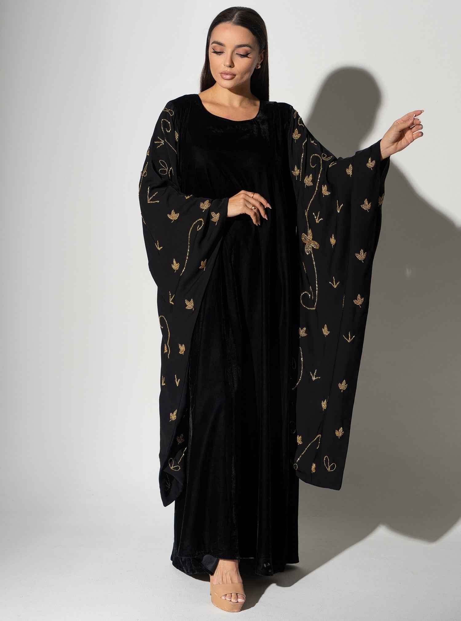 Eclipse ABY026 – Black Crepe & Chiffon Abaya With Golden Embroidered Detailing