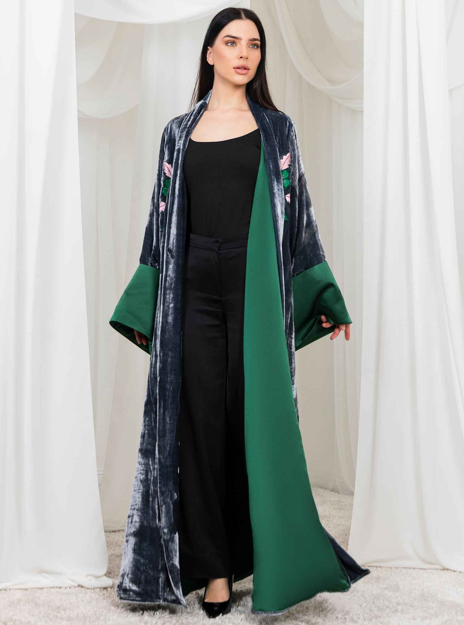 Sable-ABY028 – Grey Japanese Velvet Abaya with Intricate Front Embroidery