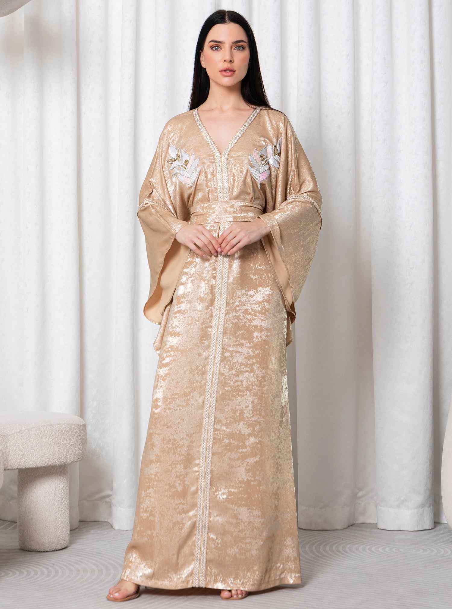 Vinus-KTN040 – Italian Cotton Kaftan with Soft Leaf Embroidery