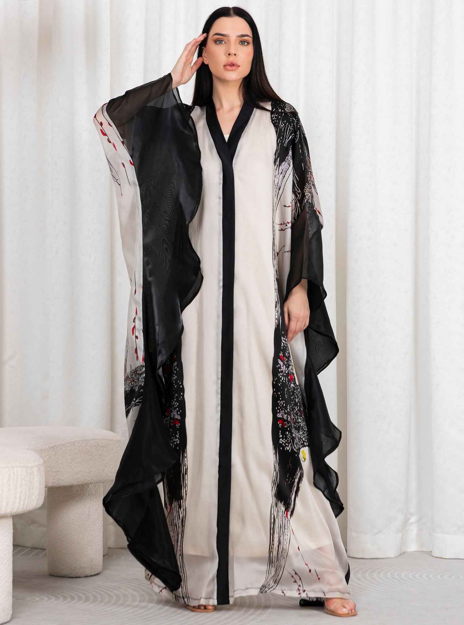 Skipper-KTN033 – Black & White Italian Organza Abaya with Artistic Draped Sleeves