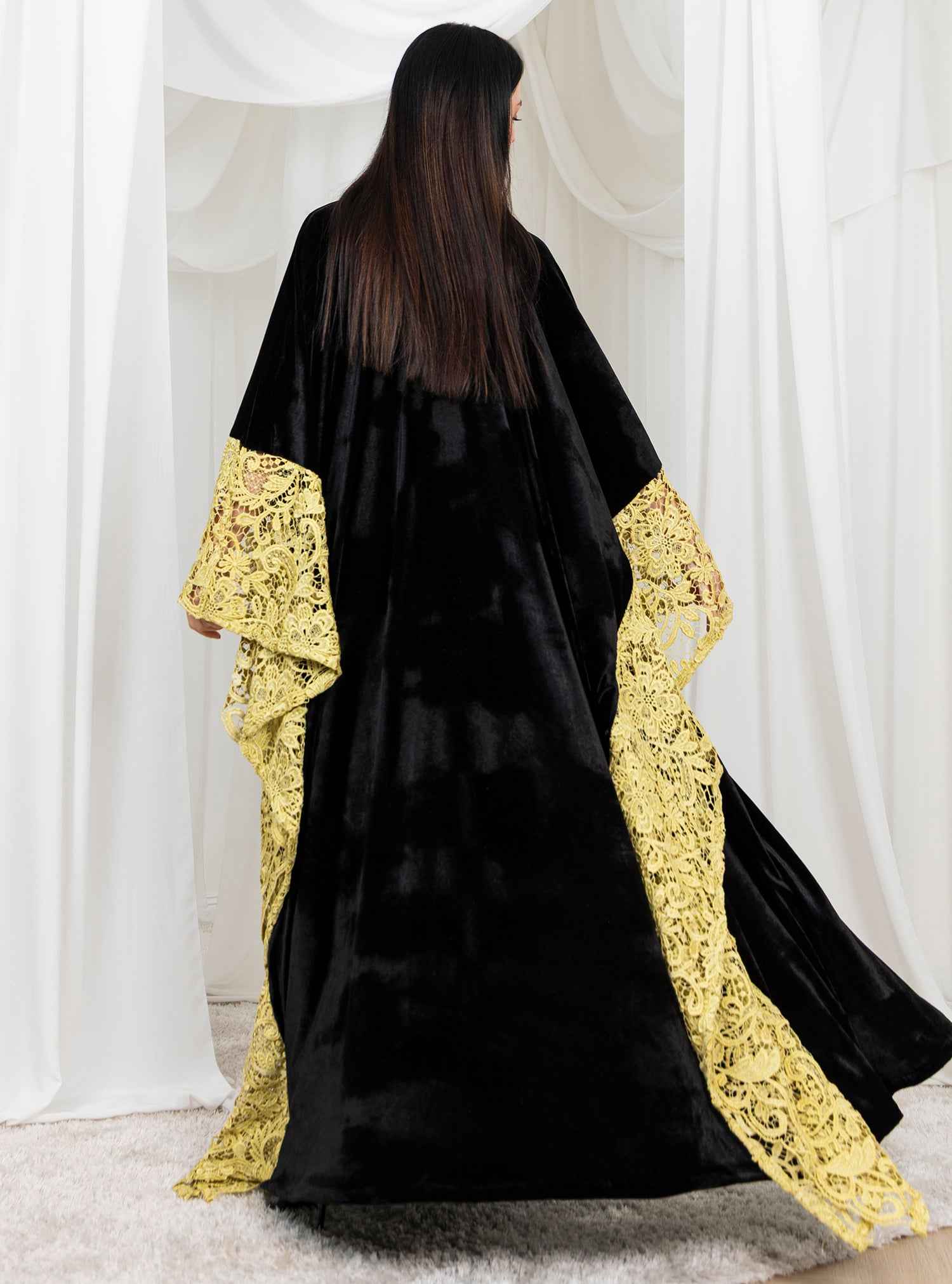 Royal-ABY036 – Black Japanese Velvet Abaya with Majestic Yellow Lace Draping