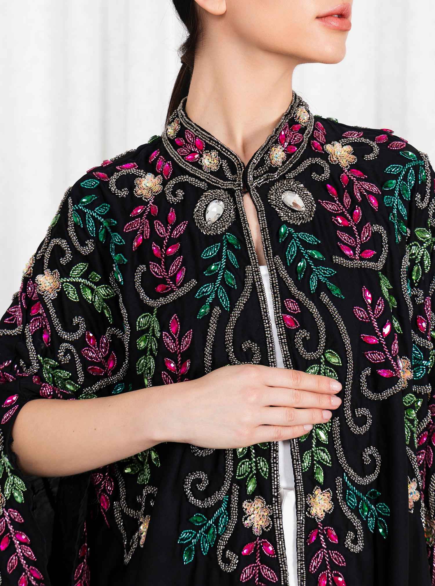 Bahar-ABY020 – Timeless Black Abaya with Masterful Multicolor Beadwork & Regal Cape Design