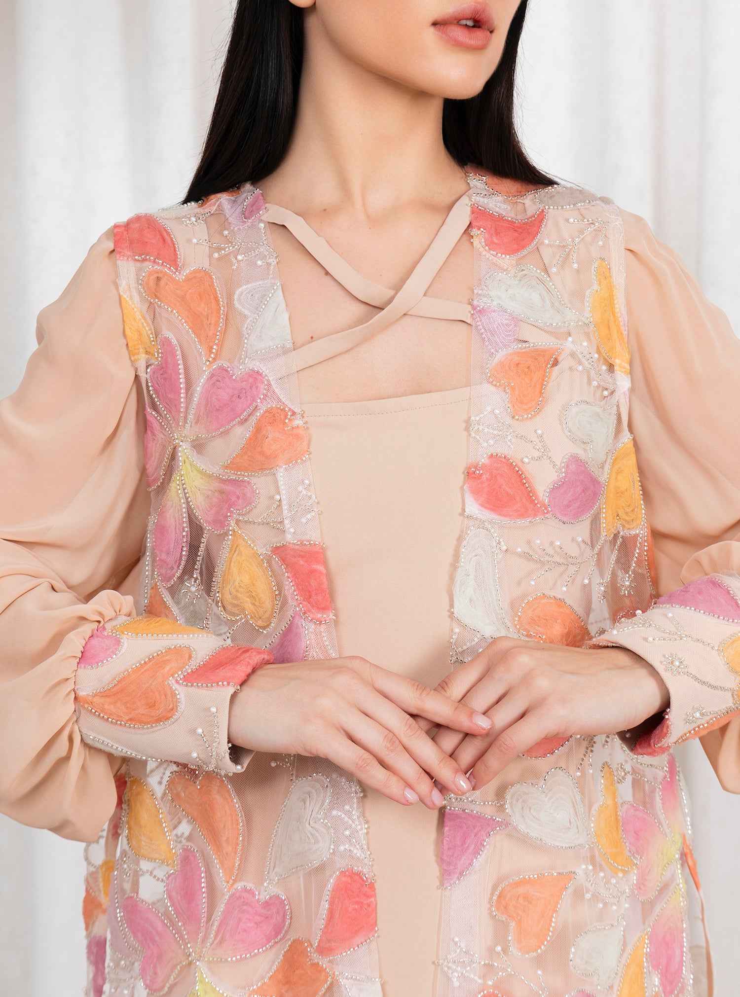 Coral-KTN043 – Peach Italian Silk Two-Piece Caftan with Soft Chantilly Lace