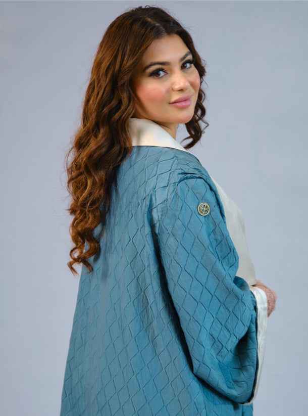 Green-ABY012 - 3D Jacquard Abaya with Off-White Satin Collar & Cuffs