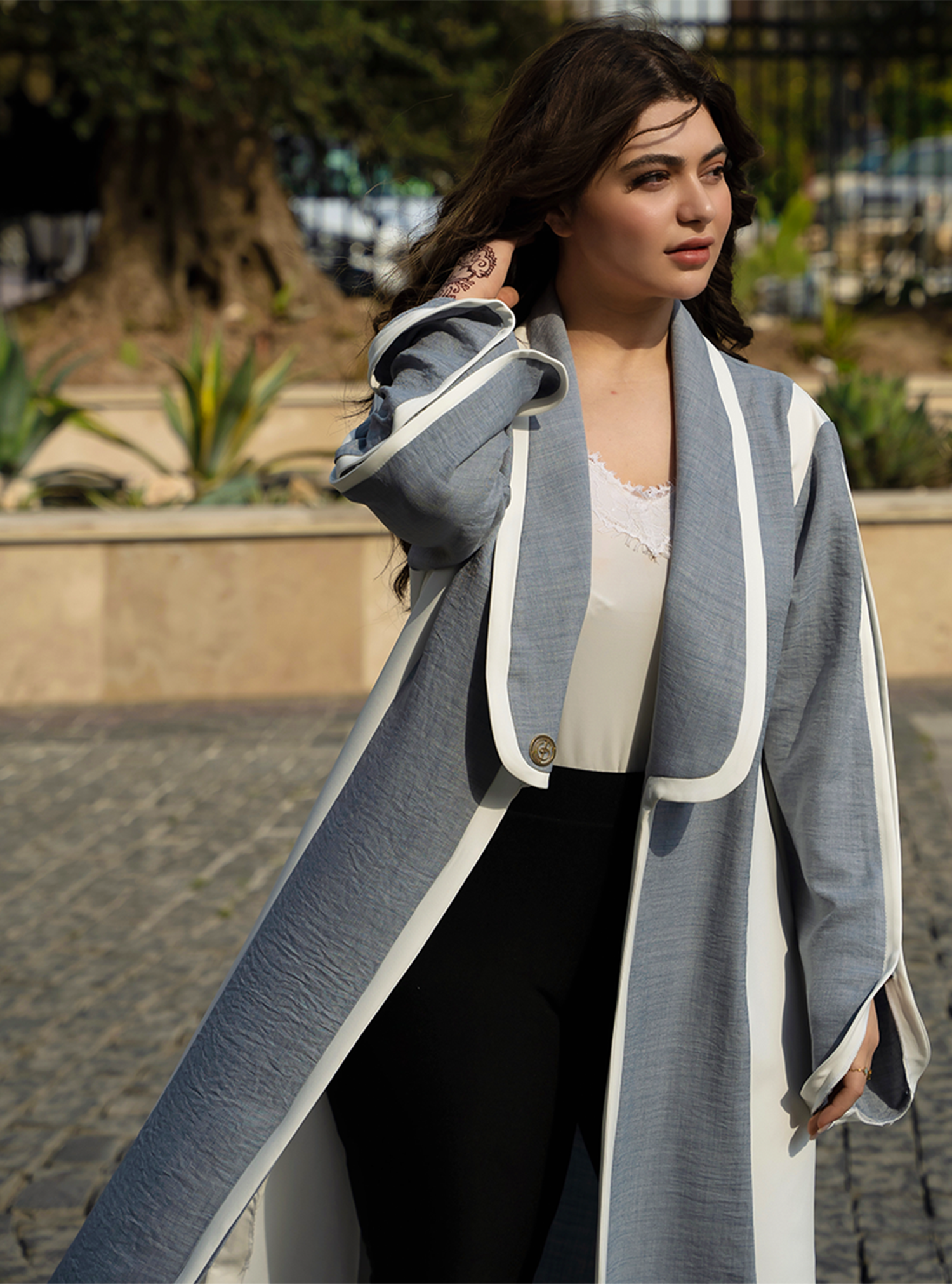 Grey-ABY0013 – Versatile Linen Abaya with Modern Chelsea Collar Design - BAZZAZ COUTURE GARMENTS L.L.C