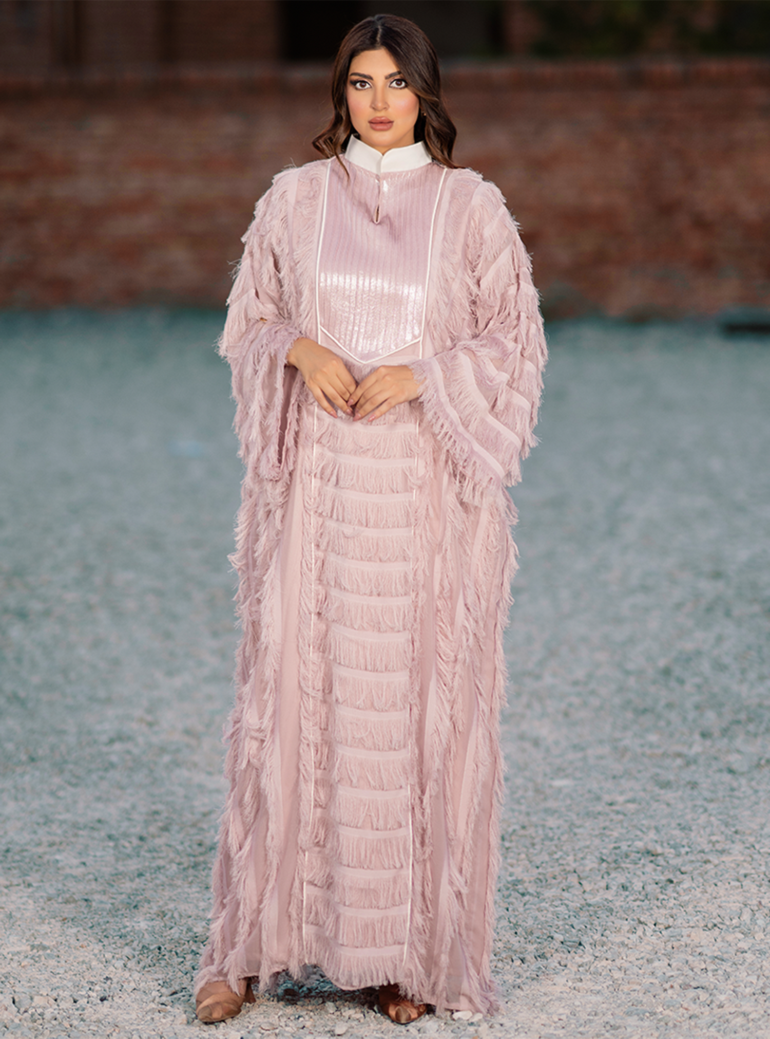 Blossom-KTN020 – Elegant Pink Jalabiya with Fringe Layers & Glossy Collar - BAZZAZ COUTURE GARMENTS L.L.C