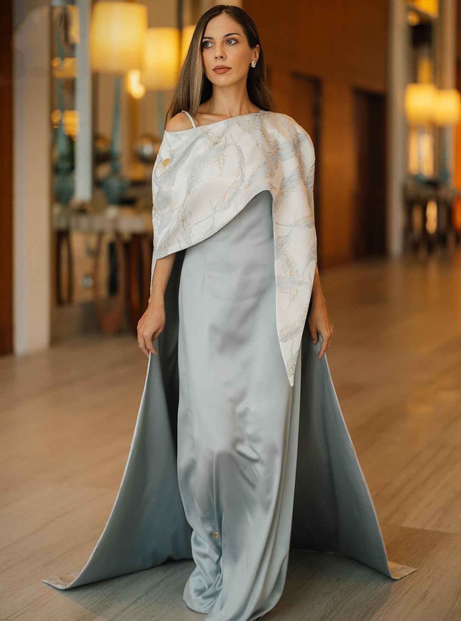 Dolphin-DRS005 – Elegant Grey 2-Piece Satin Dress with Detachable Cape