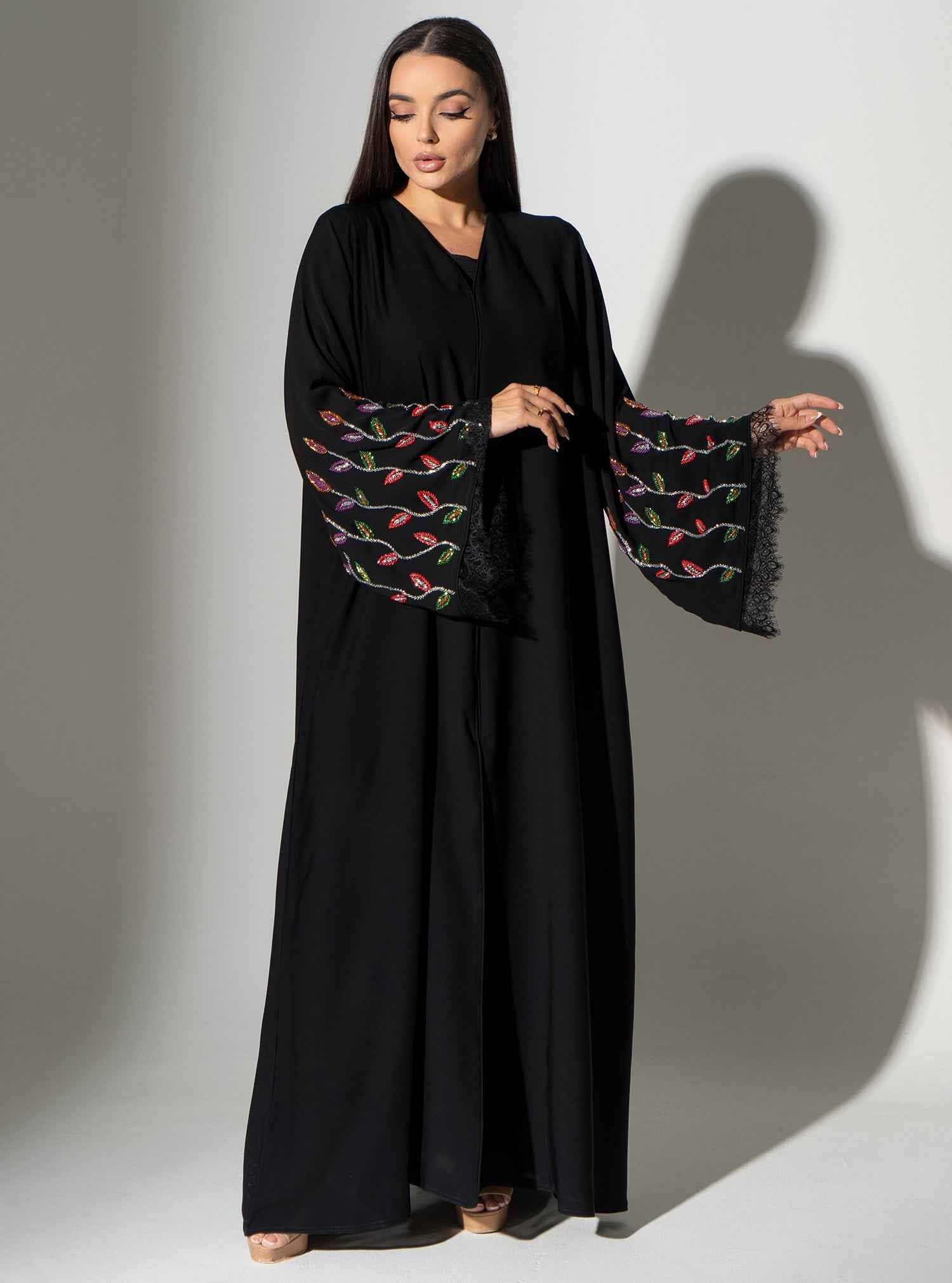 Sapphire-ABY025 – Black Japanese Crepe Abaya with Multicolor Handwork & Matching Headscarf
