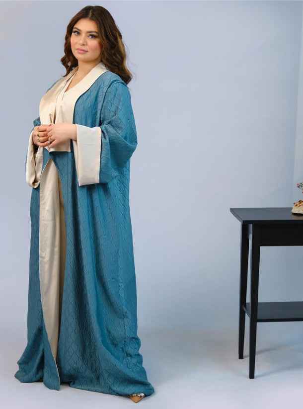 Green-ABY012 - 3D Jacquard Abaya with Off-White Satin Collar & Cuffs