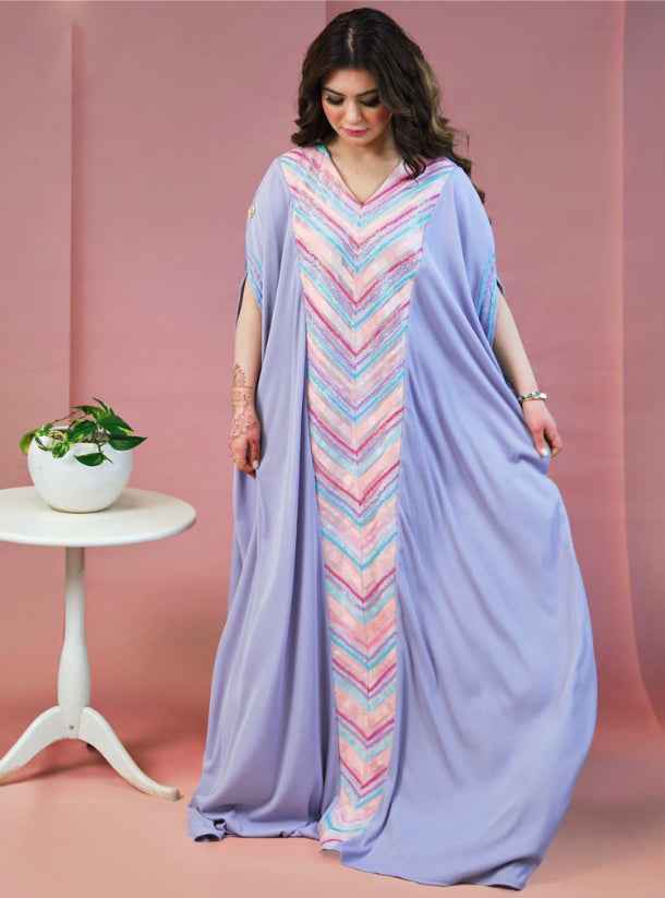 Purple-KTN016 - Soft Candy-Colored Jalabiya with Flowing Drapes & Feminine Detailing