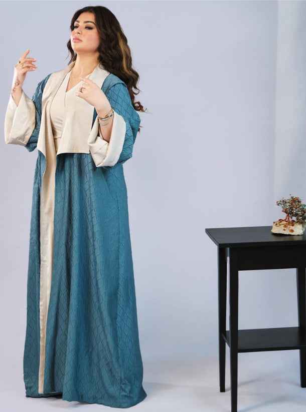 Green-ABY012 - 3D Jacquard Abaya with Off-White Satin Collar & Cuffs