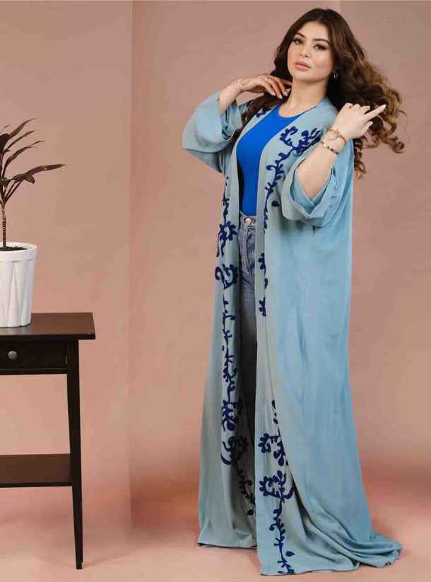 Turquois-ABY007 - Elegant Turquoise Abaya with Intricate Embroidery