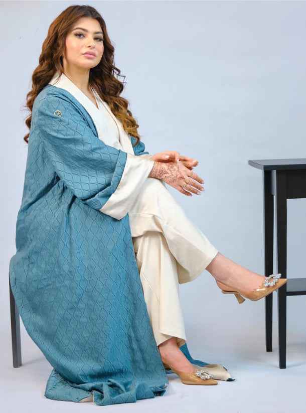 Green-ABY012 - 3D Jacquard Abaya with Off-White Satin Collar & Cuffs