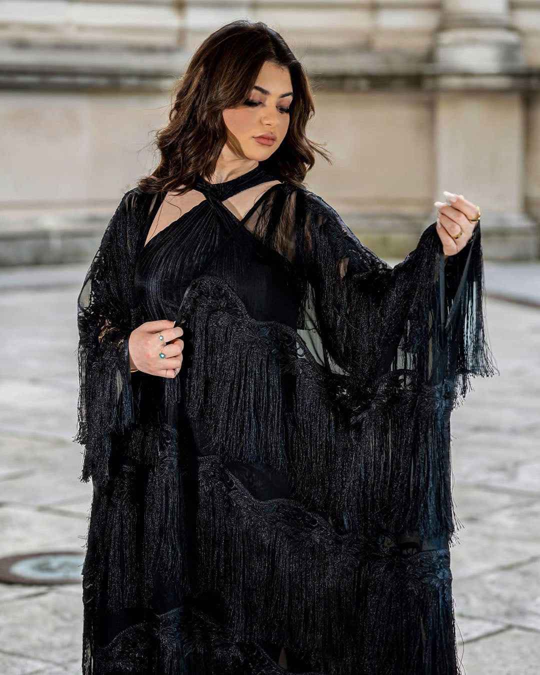 Hespin-ABY003 - Noir Fringe Elegance Abaya